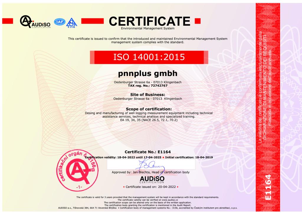 ISO 14001 2015 certification supporting environmental management and sustainable operating procedures for PNNplus analysis services