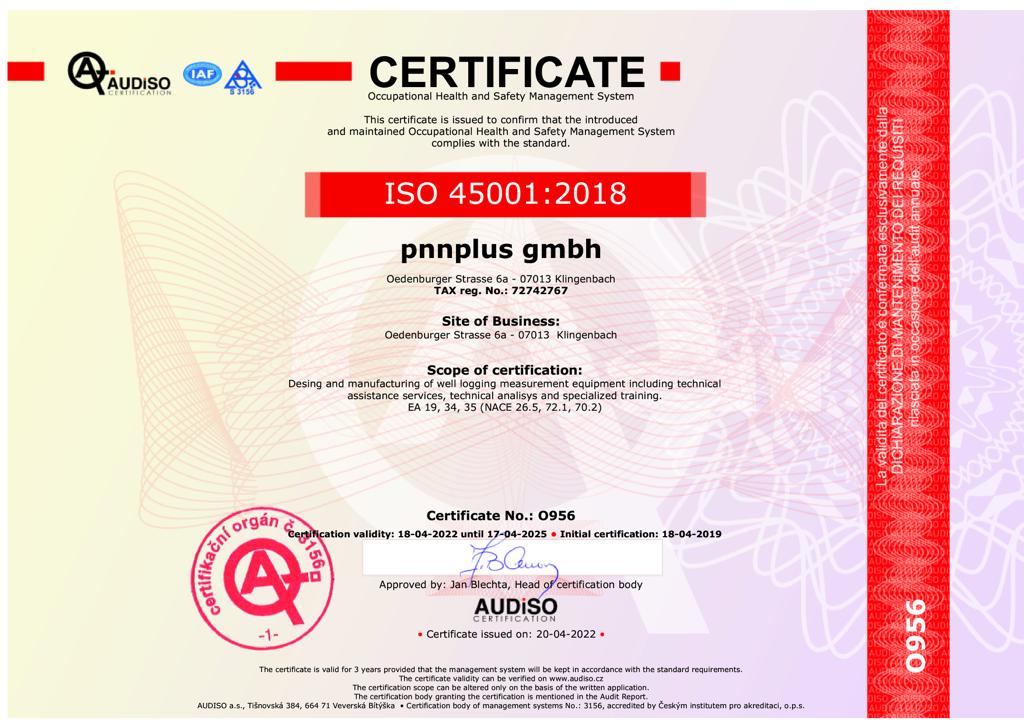 ISO 45001 2018 certification supporting occupational health and safety management for PNNplus analysis services