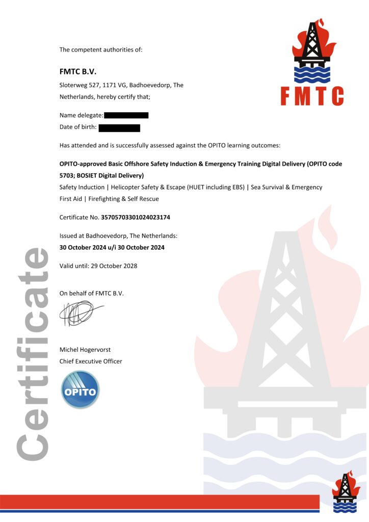 OPITO BOSIET certification for offshore safety induction and emergency response training